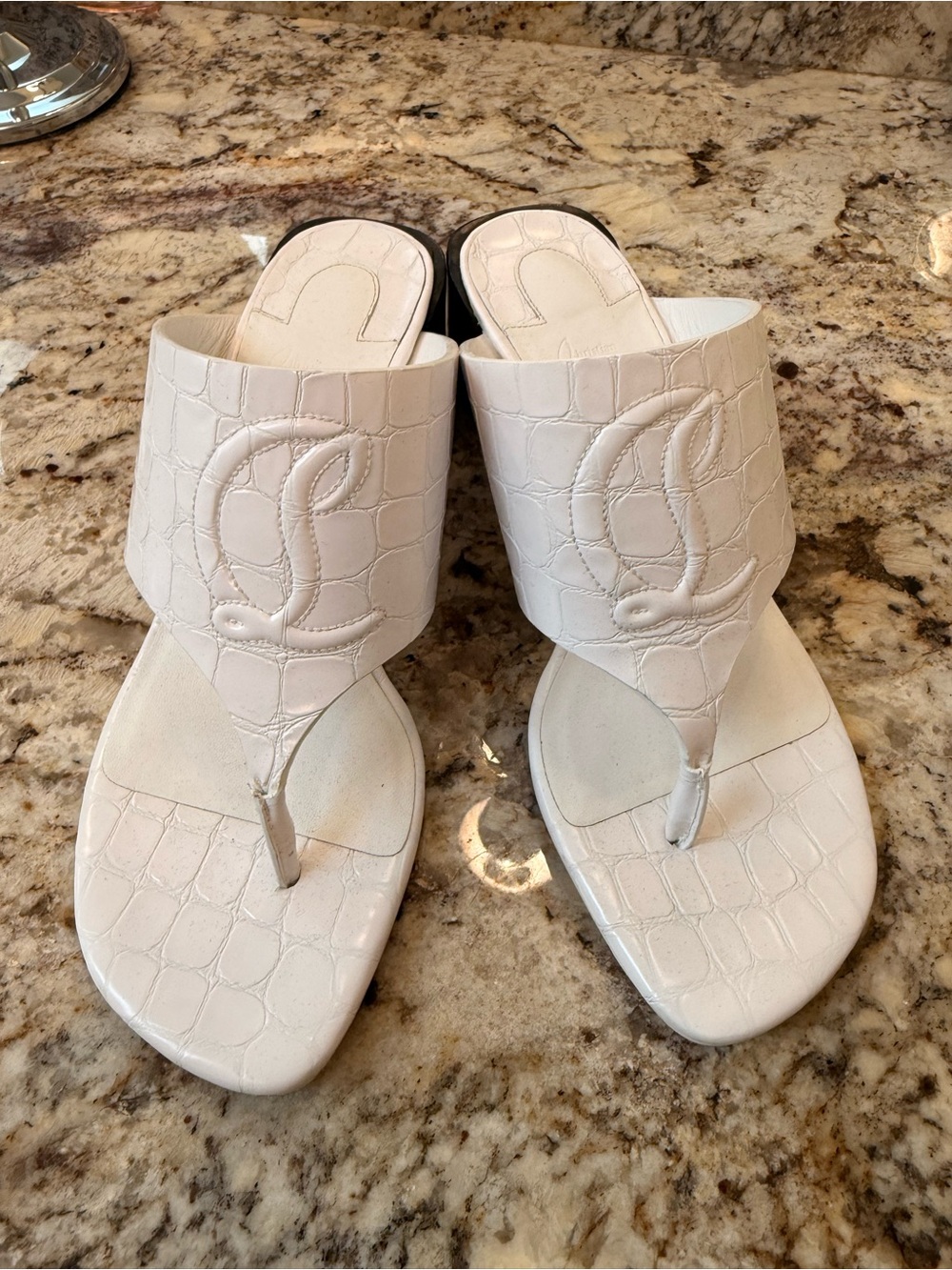 Christian Louboutin White Croc Embossed Thong Sandal Heels Size 36.5